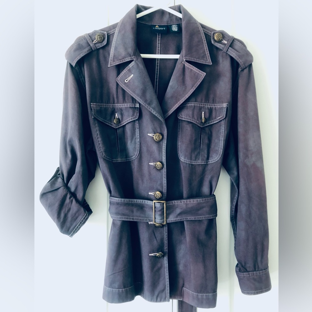 VTG 90s Lizsport Safari style Belted Shirt-Jacket brass trim 100% cotton sz S